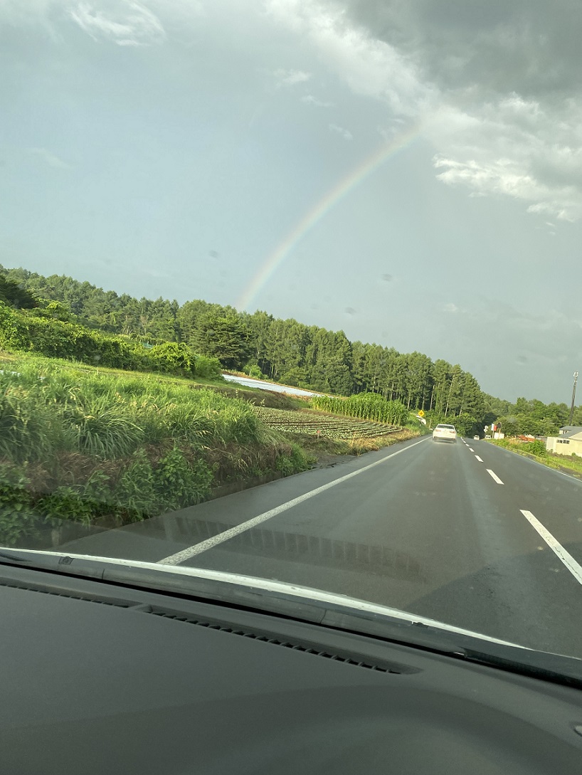 虹の下をプジョー車でドライブ♪